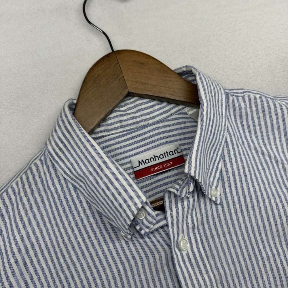 Vintage Manhattan Oxford Shirt men's 16 Blue White OCBD 90s Short Sleeve Thick